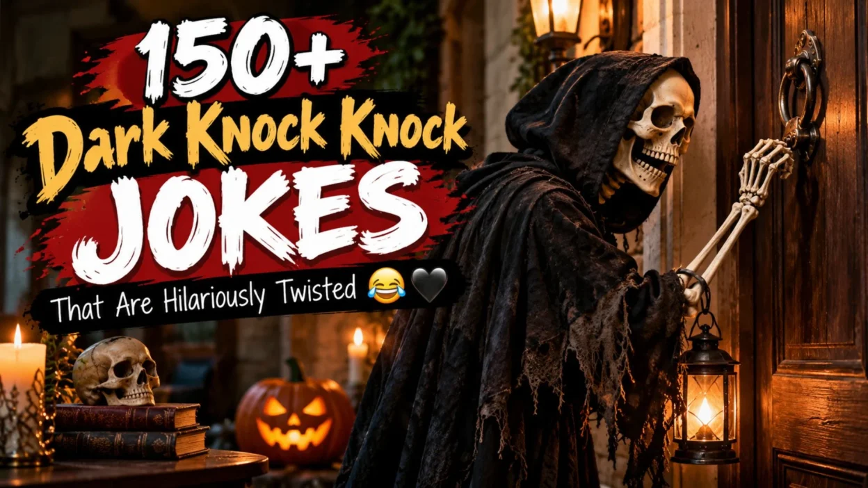 Dark knock knock jokes featuring a hooded skeleton knocking on a wooden door in a spooky Halloween setting.