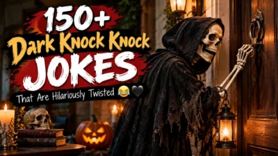 Dark knock knock jokes featuring a hooded skeleton knocking on a wooden door in a spooky Halloween setting.