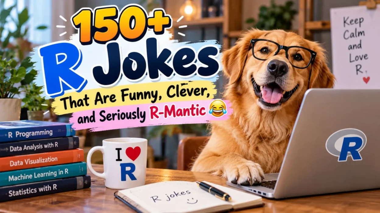 150+ R jokes that are funny, clever, and romantic, featuring a smiling golden retriever wearing glasses beside an R-themed laptop.