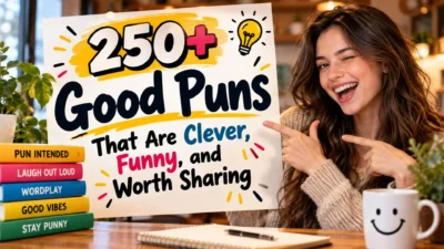 250+ good puns on a colorful sign with a cheerful woman pointing at the funny headline