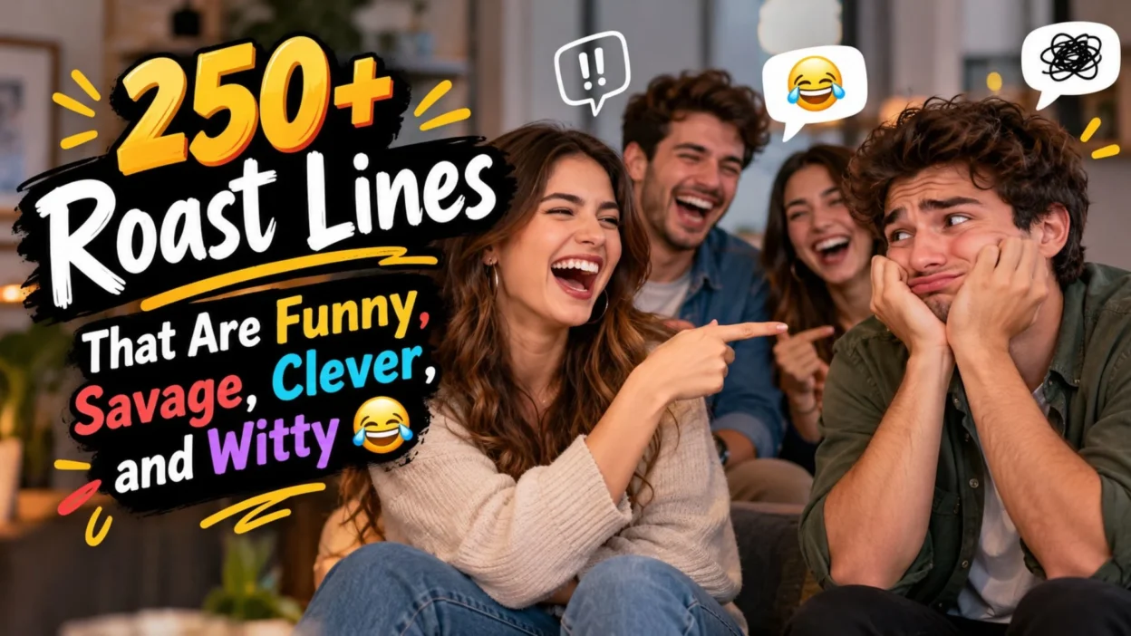 Friends laughing together as a woman playfully roasts a man, illustrating funny, savage, clever, and witty roast lines.