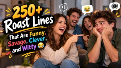 Friends laughing together as a woman playfully roasts a man, illustrating funny, savage, clever, and witty roast lines.