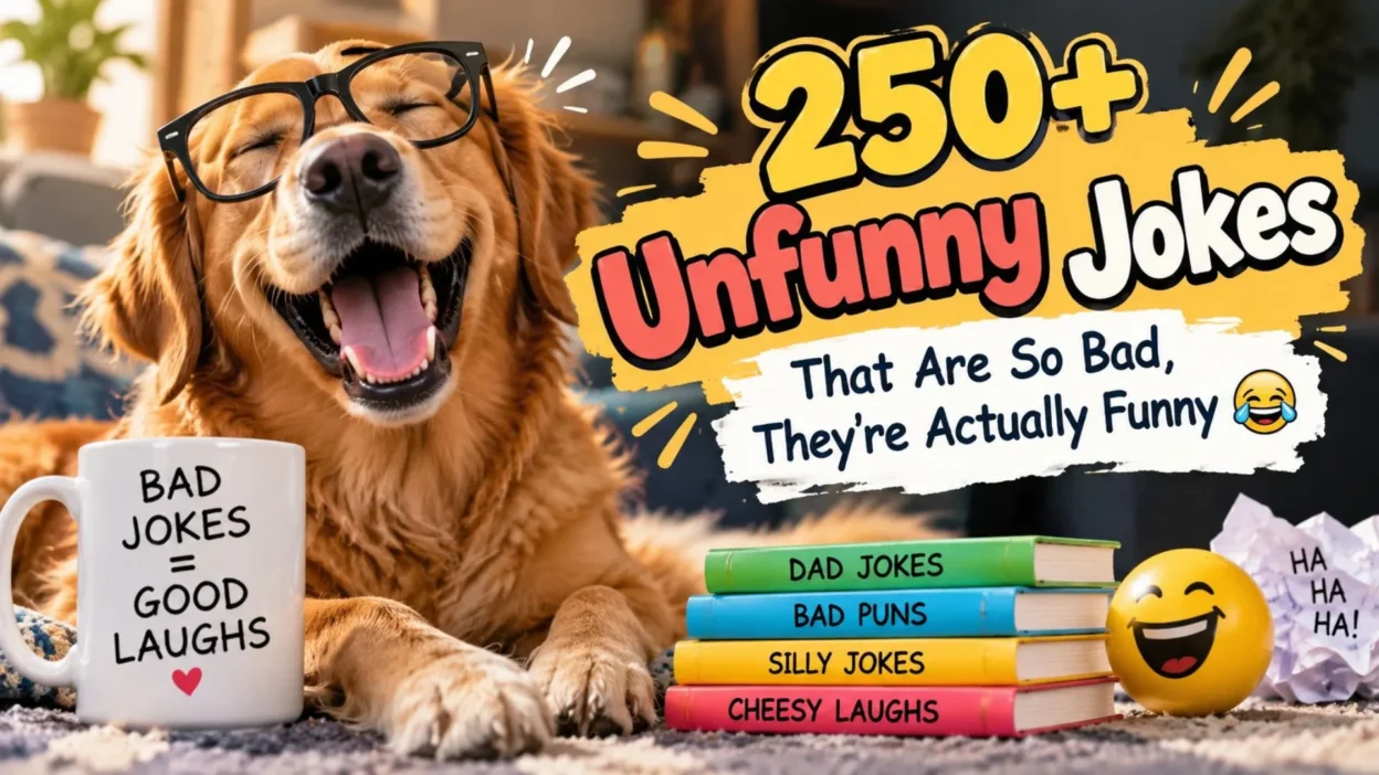 250+ unfunny jokes that are so bad they’re actually funny, featuring a laughing golden retriever and funny joke-themed props.