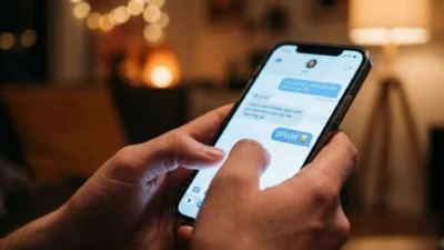 Hands holding a smartphone in warm ambient light displaying the chat text abbreviation SPWM