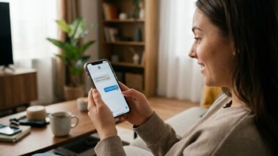 Woman smiling at her smartphone while reading a chat message in a cozy living room