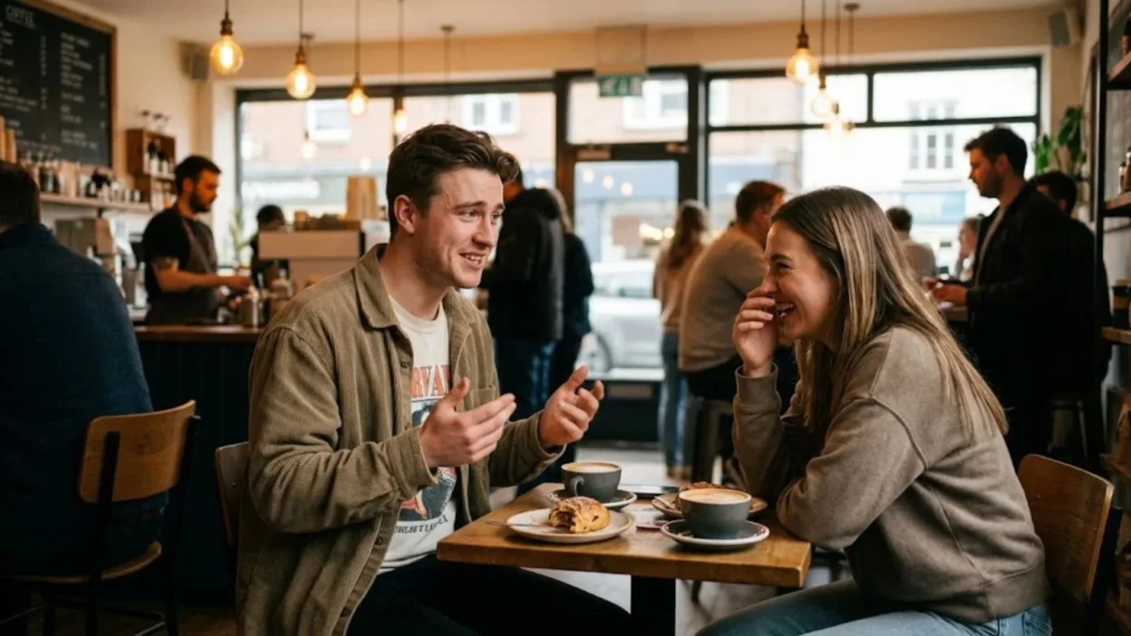 Young man awkwardly explaining something while woman laughs over coffee