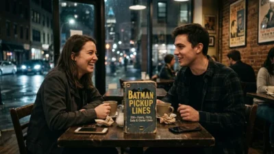 Couple laughing at a cafe table with a Batman pickup lines book