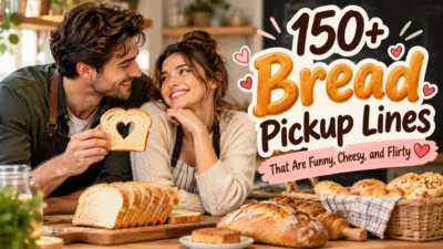 Funny bread pickup lines featuring a smiling couple holding heart-shaped toast in a cozy bakery.