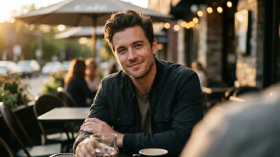 Charming smiling man sitting outside at a cafe during golden hour sunset