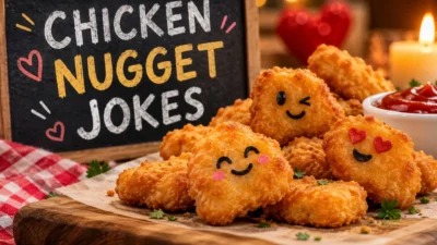 Chicken nugget jokes with crispy golden nuggets, dipping sauce, and playful expressions