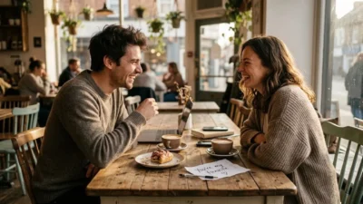 Smiling young couple sharing laughs over coffee at a rustic wooden cafe table