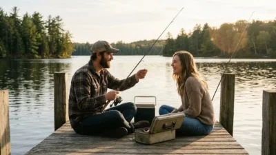 Couple laughing while holding a fishing rod on a wooden dock by a calm lake