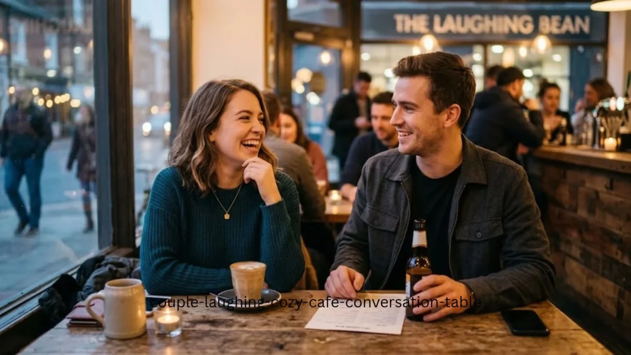 A smiling couple sharing a warm moment and conversation at a rustic cafe table by the window