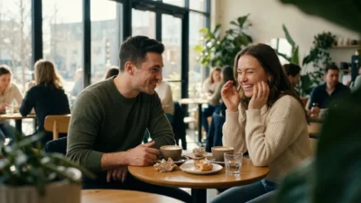 A man and a woman smiling and laughing together over coffee at a sunlit cafe table.