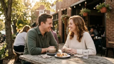 A smiling couple laughs warmly across a wooden cafe patio table with coffee cups.