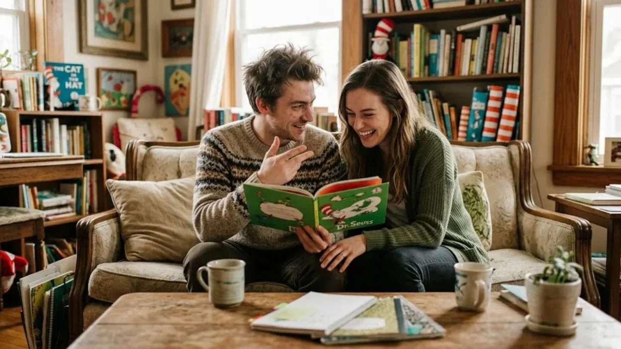 Couple laughing together while reading a Dr Seuss book on a cozy sofa