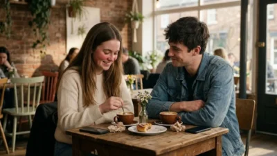 Smiling young woman blushing during a cozy coffee date with a man at a rustic cafe table