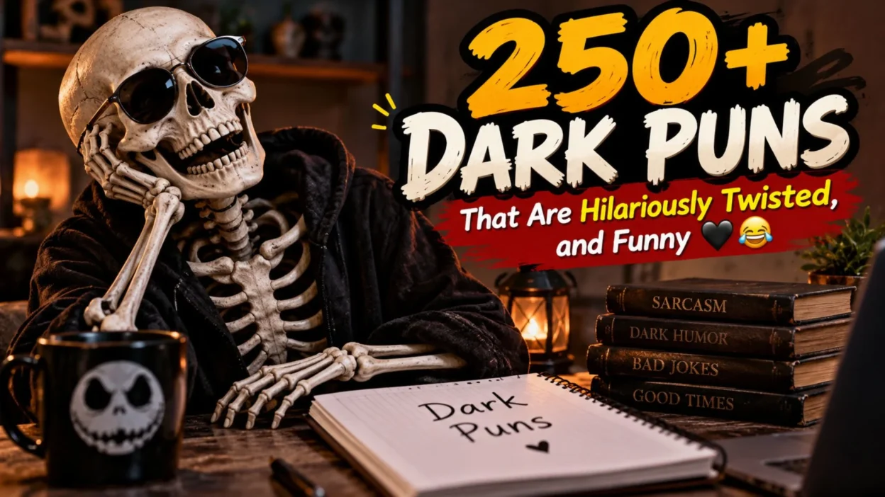 Dark puns featured image with a skeleton wearing sunglasses, dark humor books, and a spooky, humorous atmosphere.