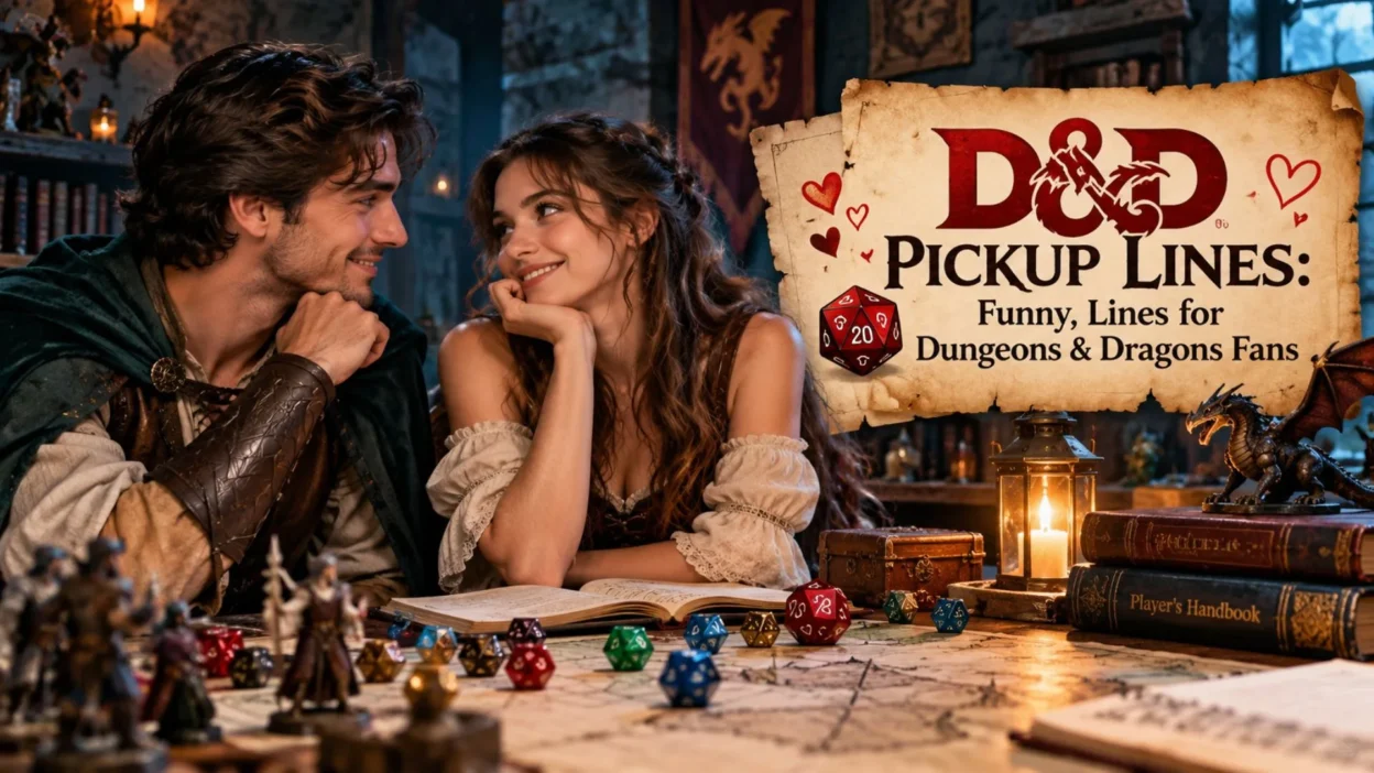 D&D pickup lines featured image with a fantasy couple, colorful dice, dragon figurine, and candlelit gaming table.