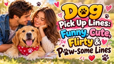 Dog pick up lines featuring a cute golden retriever and smiling couple with funny, flirty, and romantic text