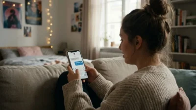 Young woman on couch reading DPWM text message on smartphone screen