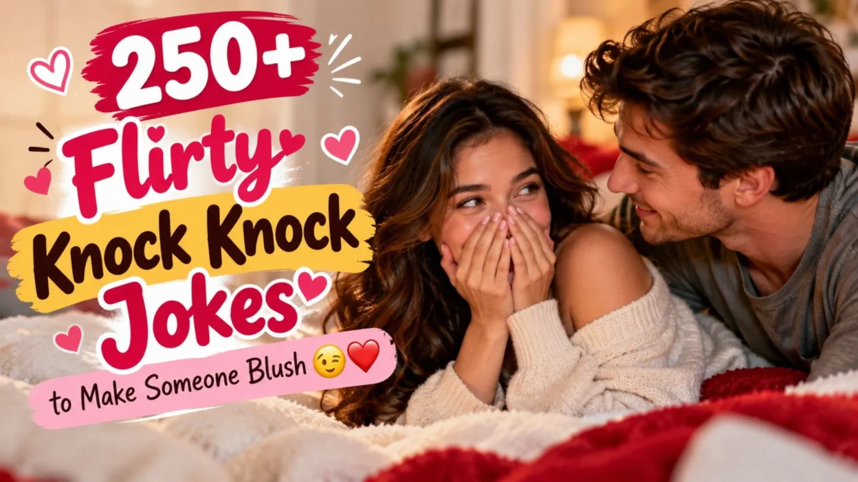 Flirty knock knock jokes featuring a smiling couple sharing a playful, romantic moment under cozy blankets.