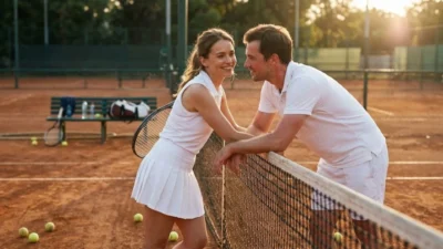 Smiling couple in white tennis outfits leaning over the court net sharing a romantic golden hour moment