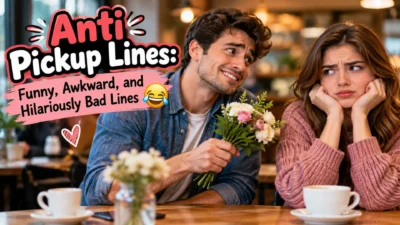 Funny anti pickup lines featuring a man offering flowers to an unimpressed woman during an awkward café date.