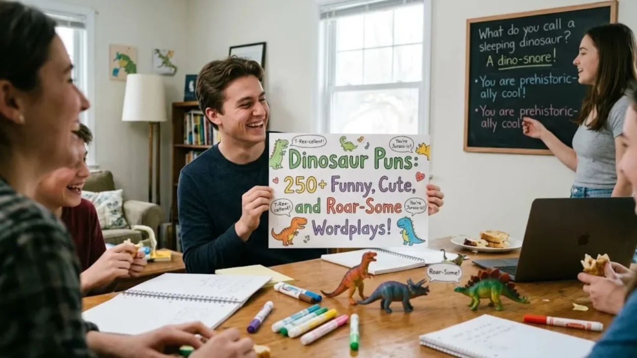 Smiling friends sit around a table enjoying dinosaur puns with toy figures and notes