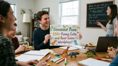 Smiling friends sit around a table enjoying dinosaur puns with toy figures and notes