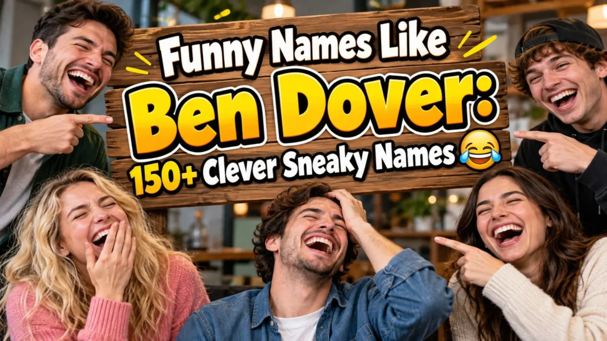 : Funny names like Ben Dover with laughing friends pointing at a sign featuring 150+ clever sneaky names.