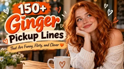 Ginger pickup lines featured image with a smiling redheaded woman, playful hearts, and warm café decor.