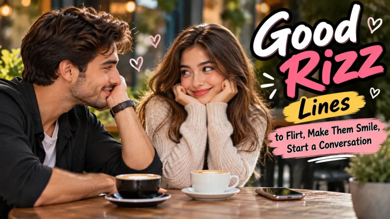 Good rizz lines for flirting as a young couple shares a smile over coffee in a cozy outdoor café.