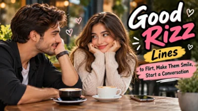 Good rizz lines for flirting as a young couple shares a smile over coffee in a cozy outdoor café.