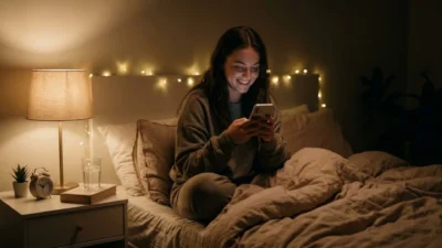 Woman smiling at smartphone screen in cozy dim bedroom before sleep