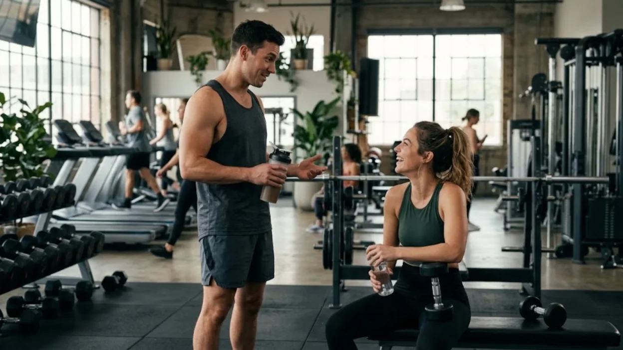 Man holding shaker bottle smiling and chatting with woman resting on gym bench
