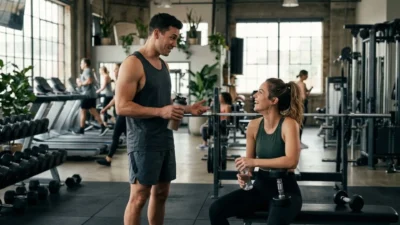Man holding shaker bottle smiling and chatting with woman resting on gym bench