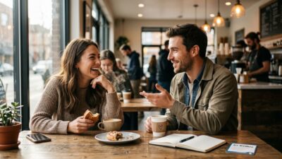 Smiling man and woman laughing over coffee and pastries at a sunny cafe table.