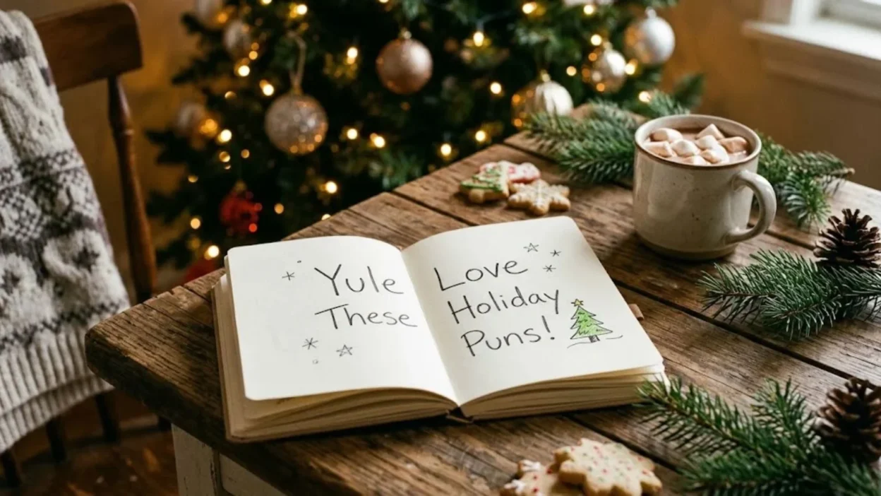 Handwritten holiday puns notebook on a rustic table with hot cocoa and Christmas tree