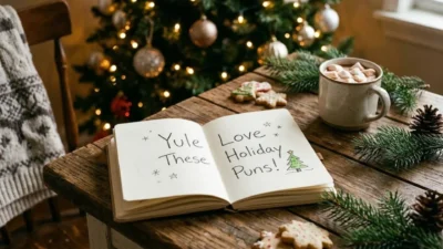 Handwritten holiday puns notebook on a rustic table with hot cocoa and Christmas tree