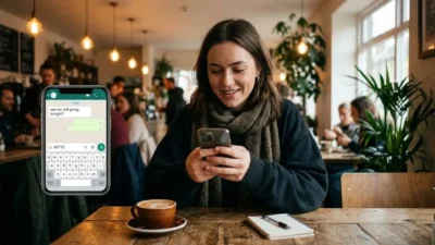 Young woman smiling while typing HYY on her smartphone at a warm cafe table