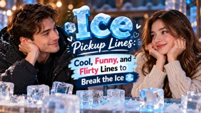 Ice pickup lines featured image with a smiling couple, icy blue lettering, and cool, funny, flirty lines.