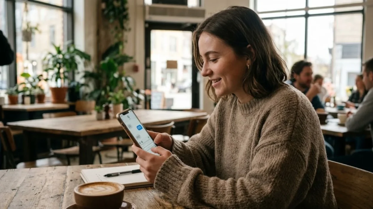 Young woman in a cozy sweater smiling while texting on her smartphone at a rustic cafe table.