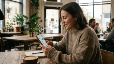 Young woman in a cozy sweater smiling while texting on her smartphone at a rustic cafe table.