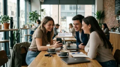 Young woman showing an IFY text message on her phone to friends smiling at a cafe table