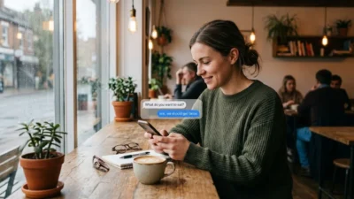 Smiling woman sitting at a rustic cafe window texting on her phone beside a cup of coffee