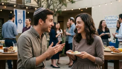 Young Jewish man wearing a kippah sharing a laugh with a smiling woman during an outdoor gathering