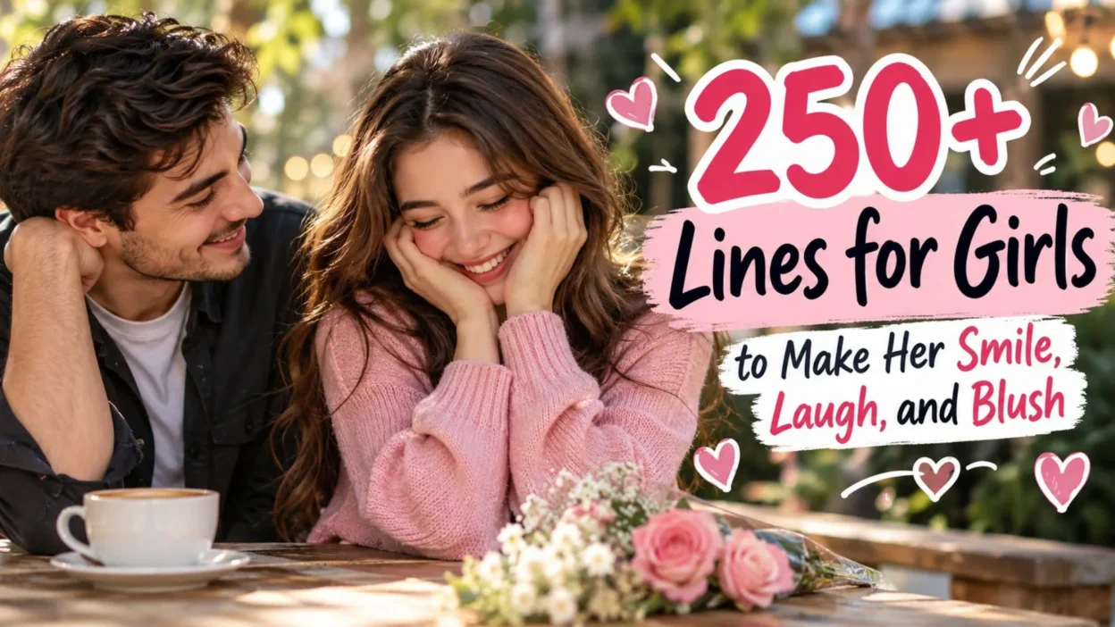 250+ lines for girls featuring a smiling couple sharing a romantic moment at an outdoor café.