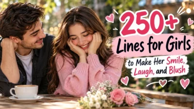 250+ lines for girls featuring a smiling couple sharing a romantic moment at an outdoor café.