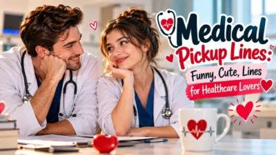 Medical pickup lines featuring two smiling healthcare professionals in white coats with stethoscopes and romantic heart graphics.
